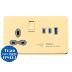 13A 1G SWITCHED BS SOCKET WITH TRIPLE USB QUICK CHARGER-USB-A/ C X 2 (MAX.63W)